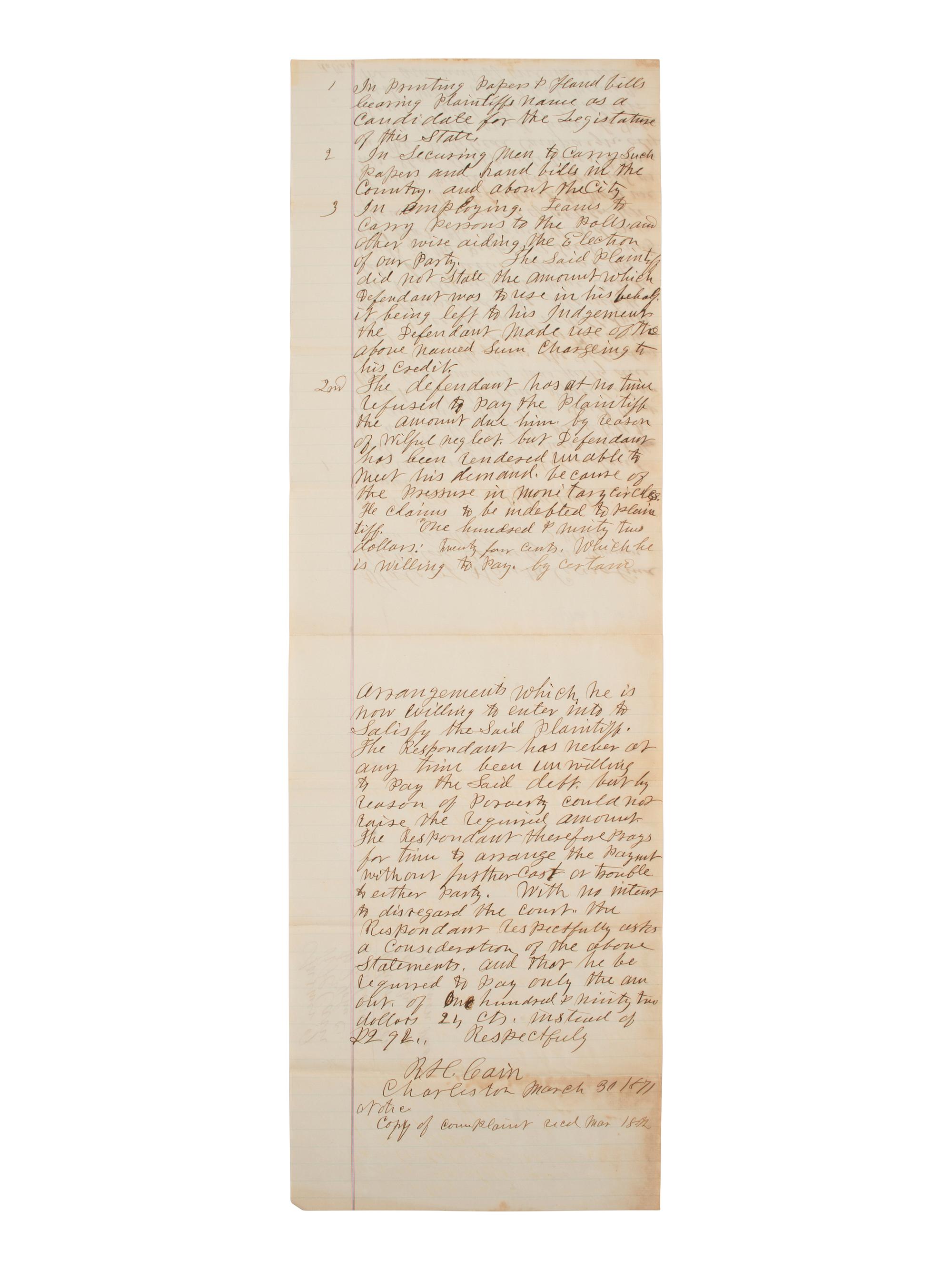 [RECONSTRUCTION]. Manuscript legal document outlining the use of campaign funds by African American politician, abolitionist, and minister, Richard H. CAIN (1825-1887) for an 1870 Charleston, South Carolina, election.