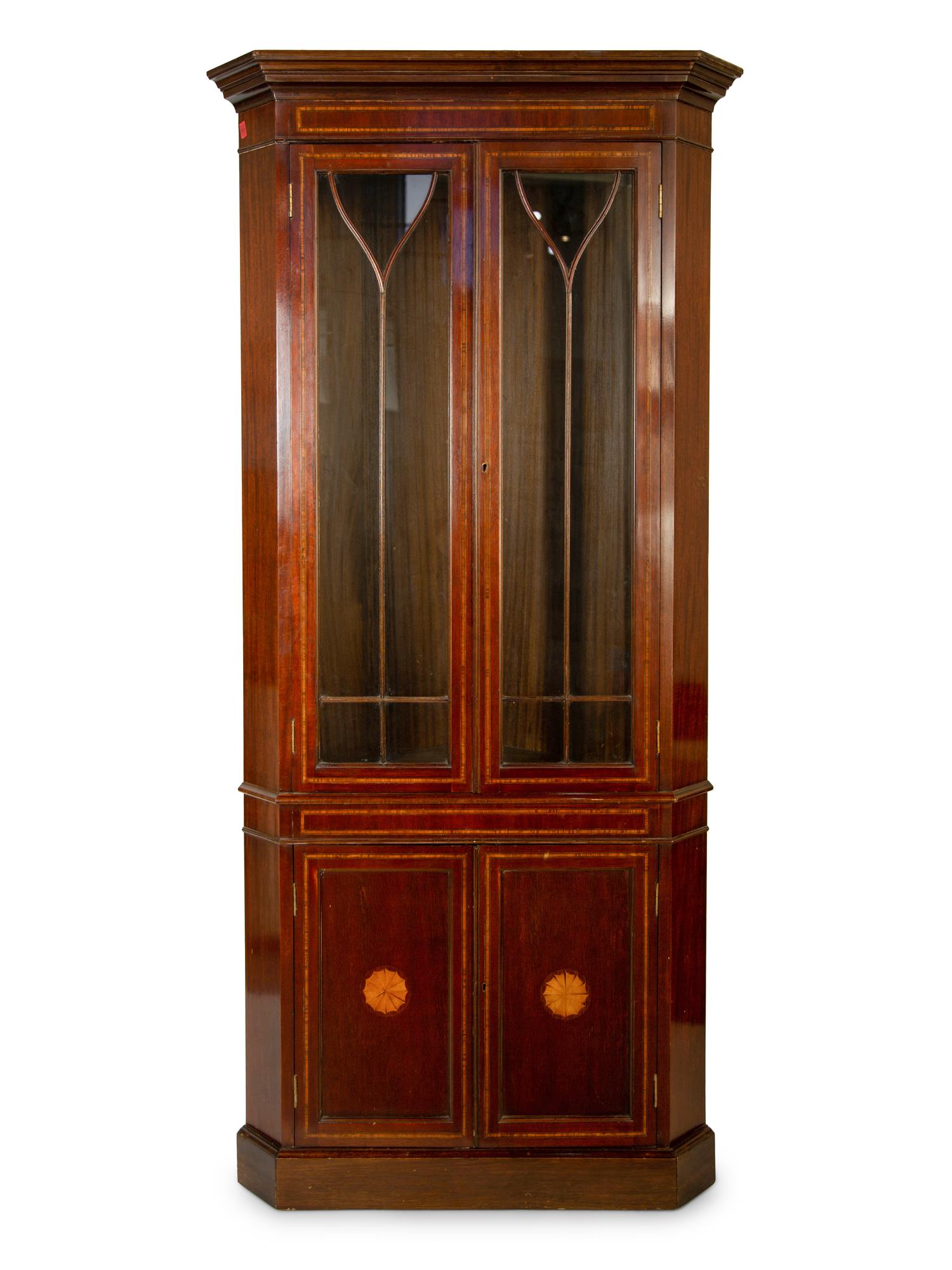 A George III Style Mahogany and Satinwood Corner Cabinet