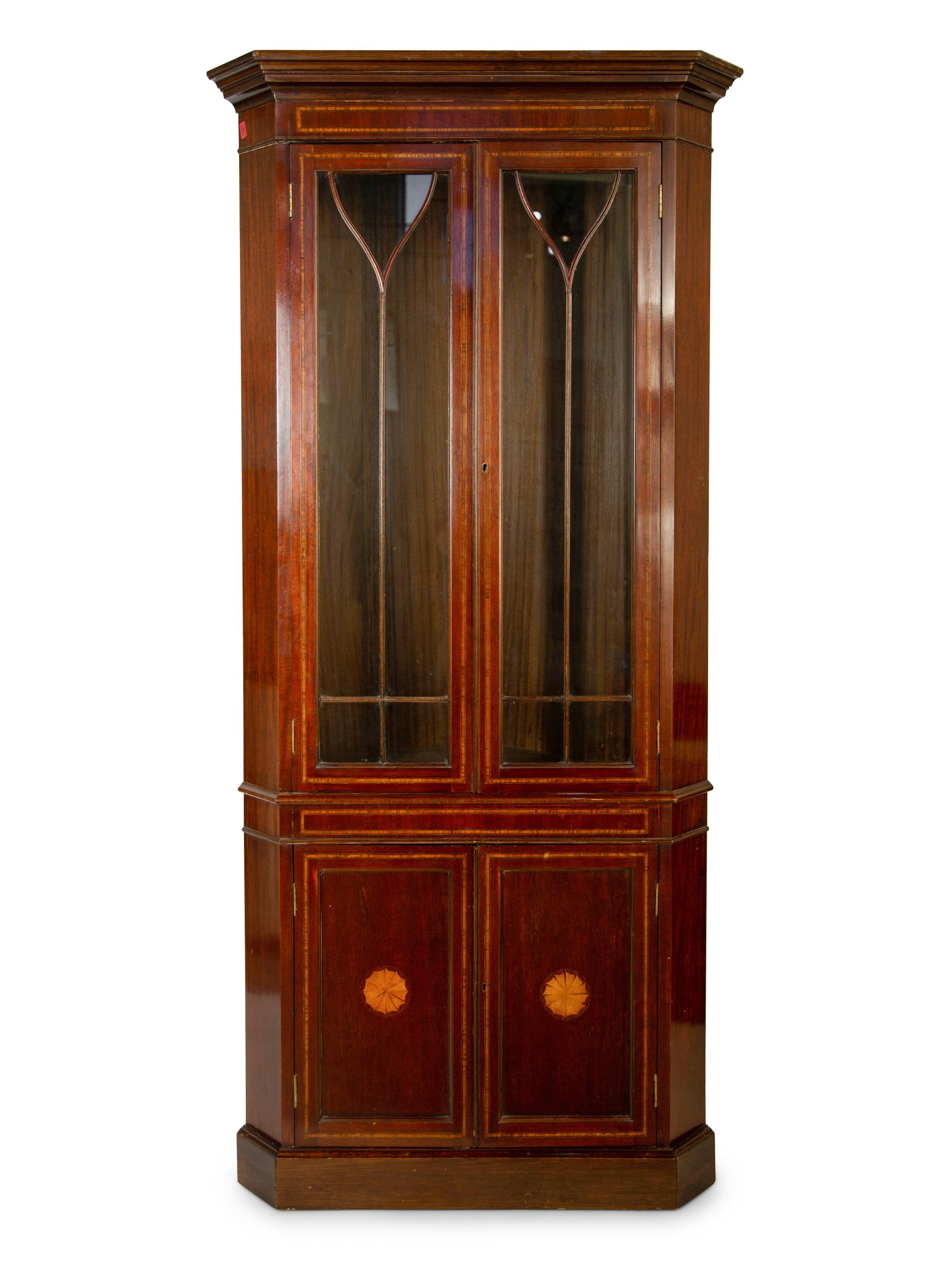 A George III Style Mahogany and Satinwood Corner Cabinet