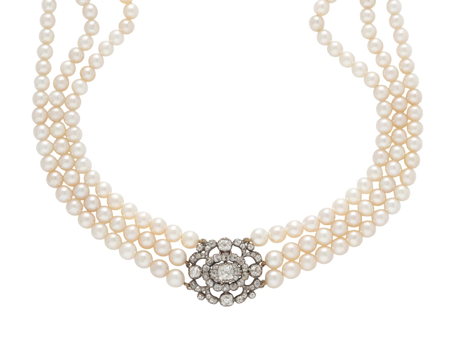 NATURAL PEARL AND DIAMOND CHOKER NECKLACE