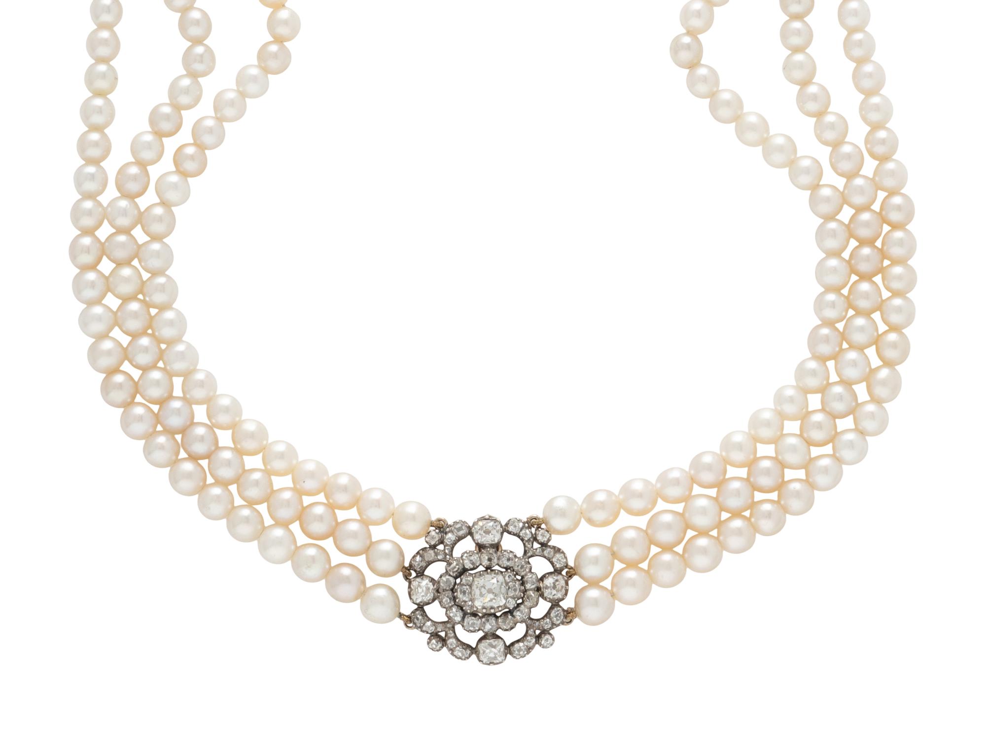 NATURAL PEARL AND DIAMOND CHOKER NECKLACE