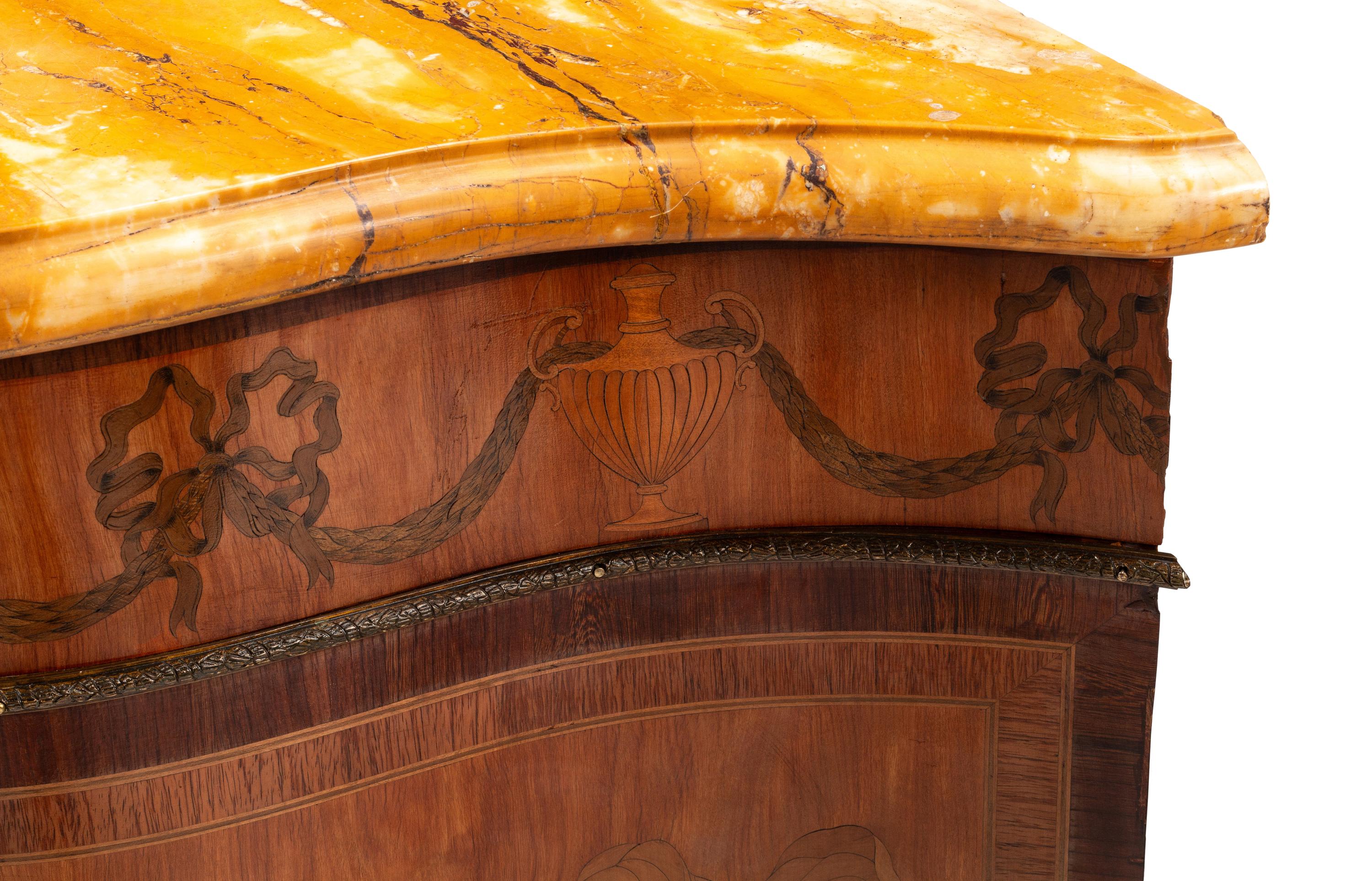 A Pair of George III Marquetry Marble-Top Corner Cabinets in the Manner of Mayhew and Ince