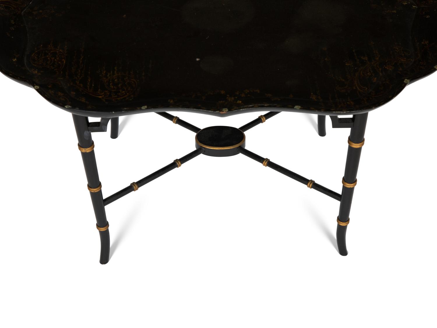 An Early Victorian Black Lacquered Papier Mache Tray on Stand