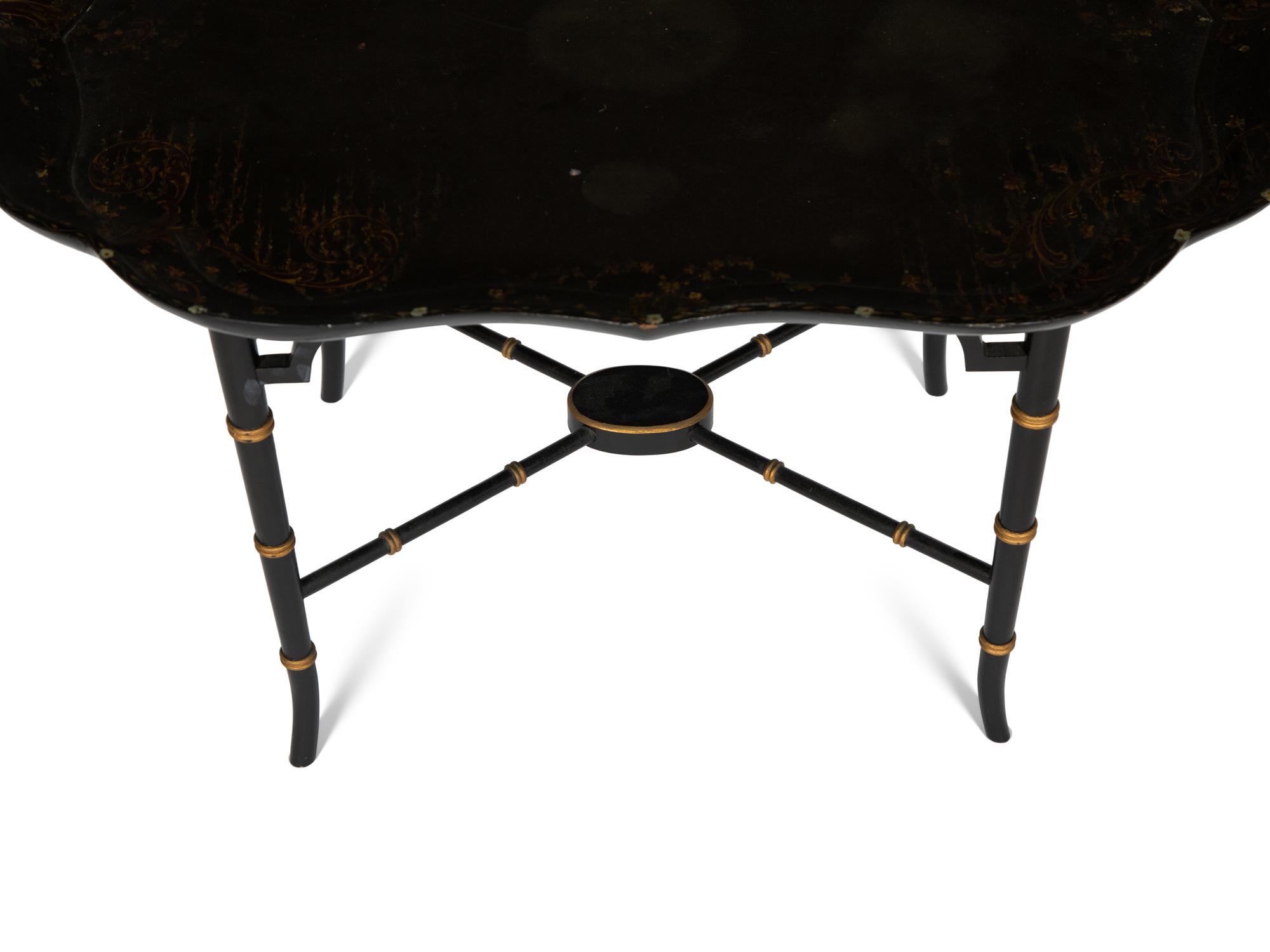 An Early Victorian Black Lacquered Papier Mache Tray on Stand