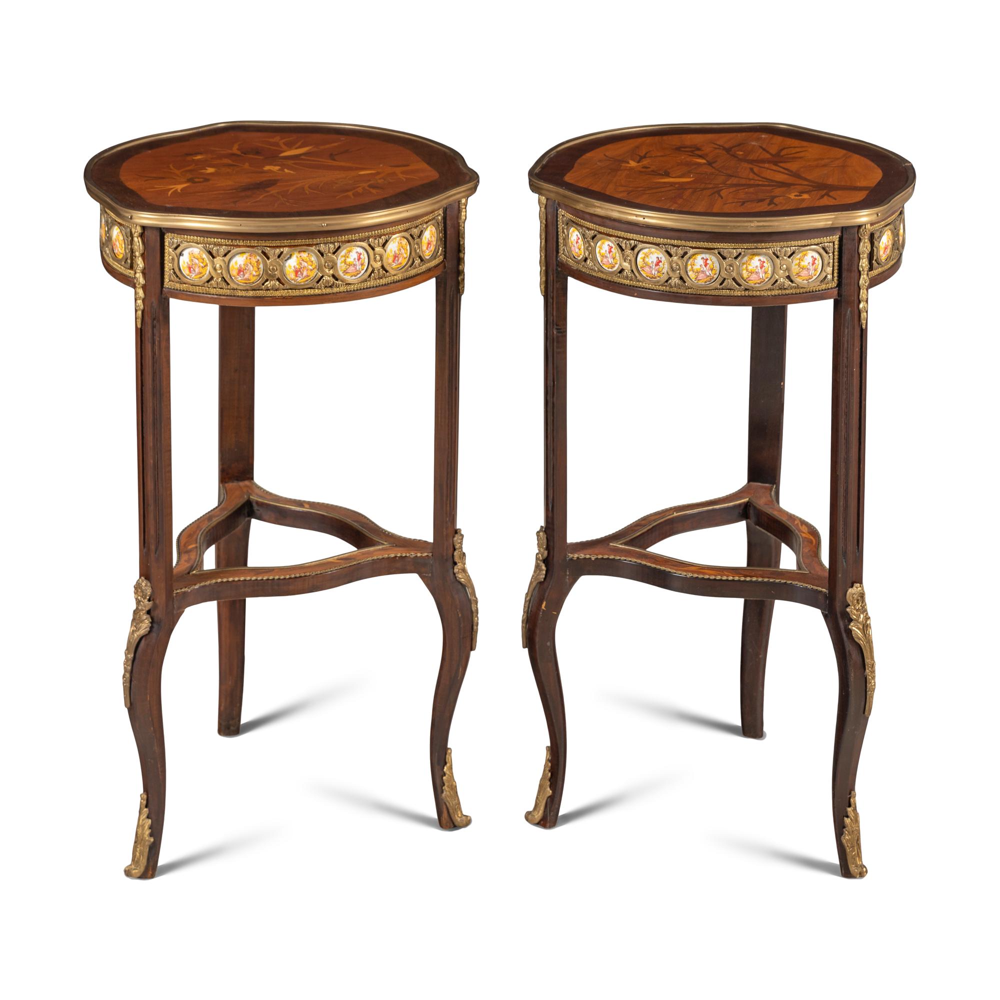 A Pair of Late Louis XV Style Marquetry, Gilt-Brass and Enamel Mounted Side Tables