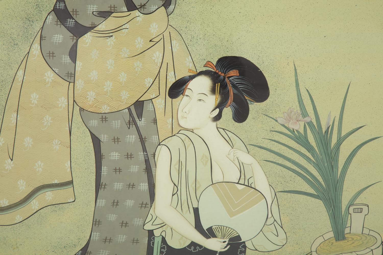 A Modern Japanese Painting on Silk Floating in a Glass Frame
