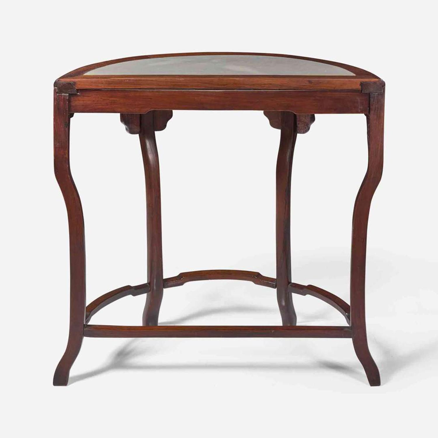 A Chinese hardwood and marble-inset demilune side table