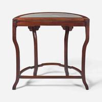 A Chinese hardwood and marble-inset demilune side table