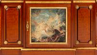 A Pair of Louis XVI Style Gilt Bronze and Porcelain Mounted Marble-Top Cabinets