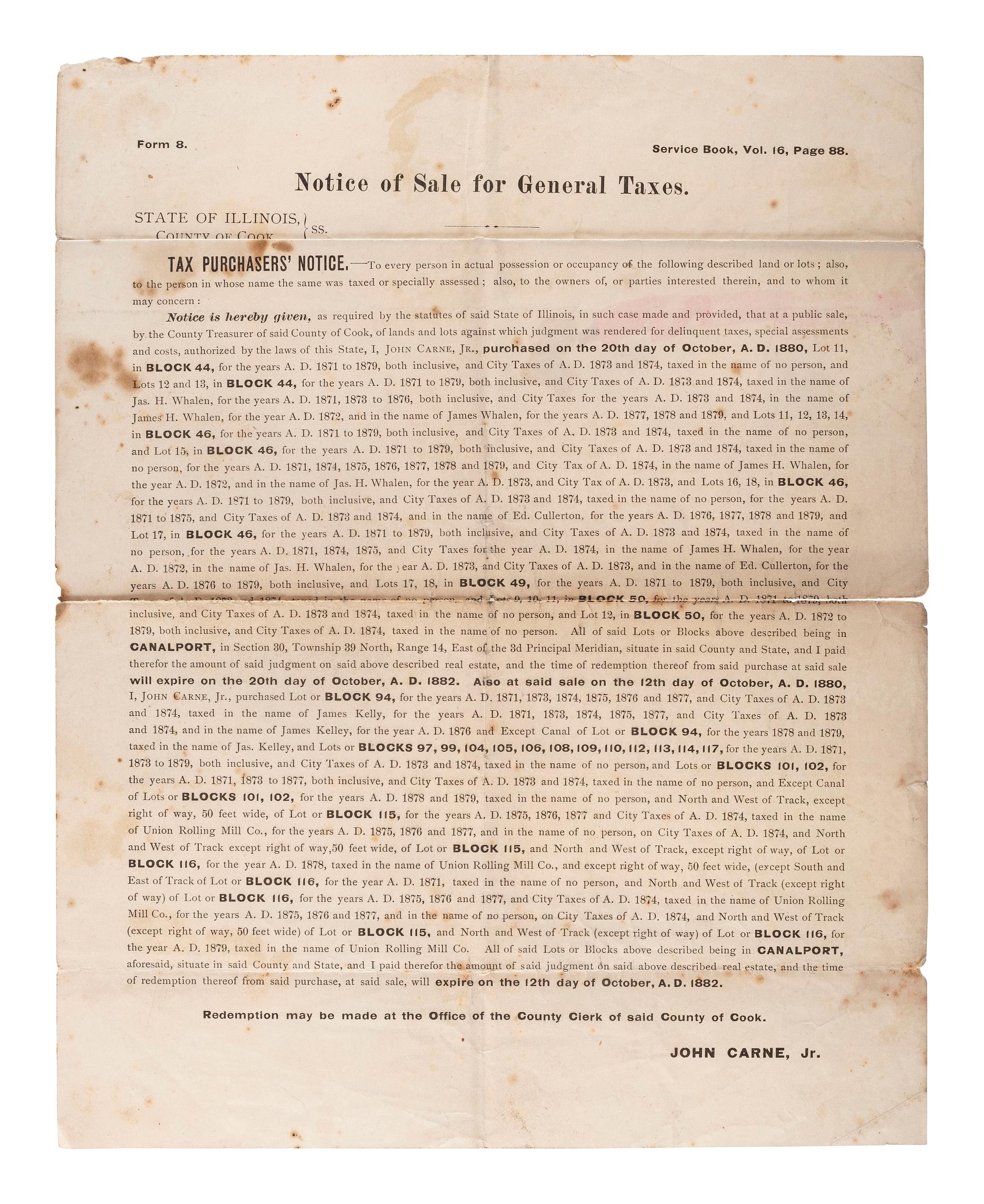 [ILLINOIS]. A group of 3 large nineteenth-century land and estate sale broadsides, comprising:
