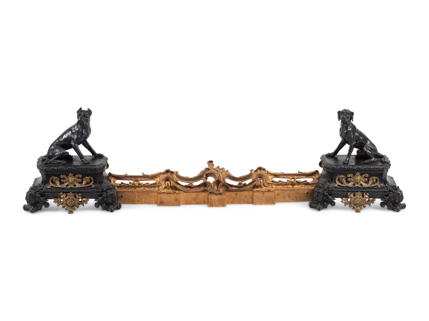 A Gilt and Patinated Bronze Fire Fender with Dog-Form Chenets