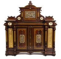 An Aesthetic Movement Porcelain Inset and Gilt Bronze Mounted Rosewood, Parquetry and Marquetry Server, IN THE MANNER OF HERTER BROS., — IN THE MANNER OF HERTER BROS., PROBABLY NEW YORK, THIRD QUARTER 19TH CENTURY,