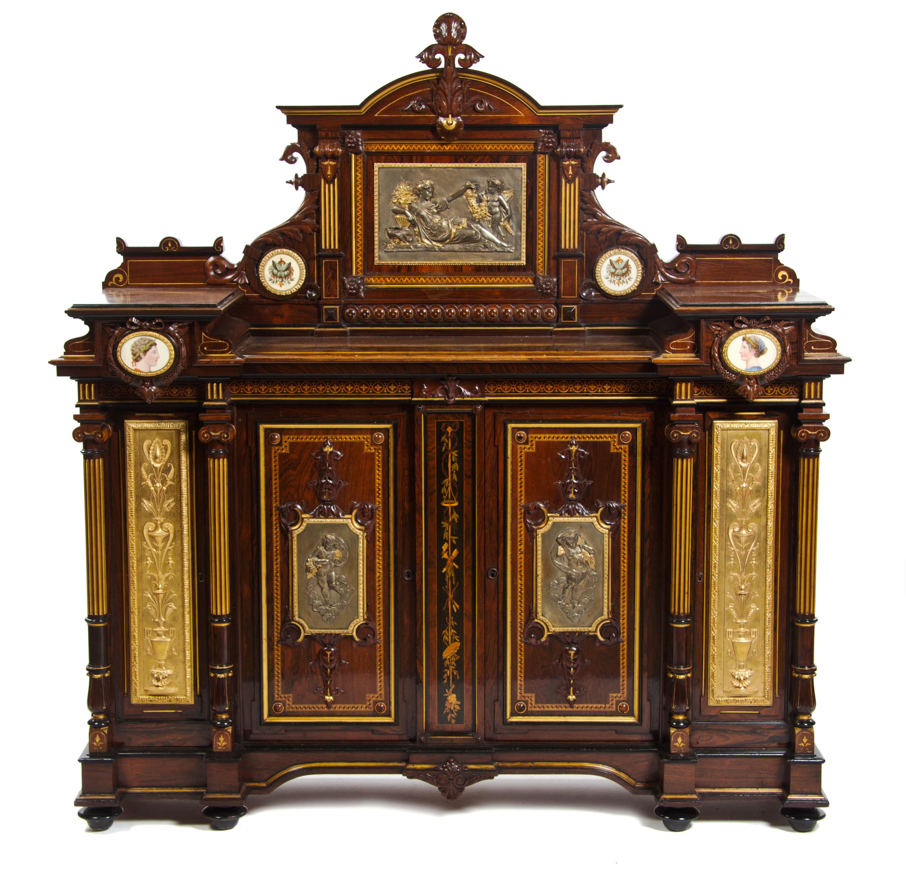 An Aesthetic Movement Porcelain Inset and Gilt Bronze Mounted Rosewood, Parquetry and Marquetry Server, IN THE MANNER OF HERTER BROS., — IN THE MANNER OF HERTER BROS., PROBABLY NEW YORK, THIRD QUARTER 19TH CENTURY,