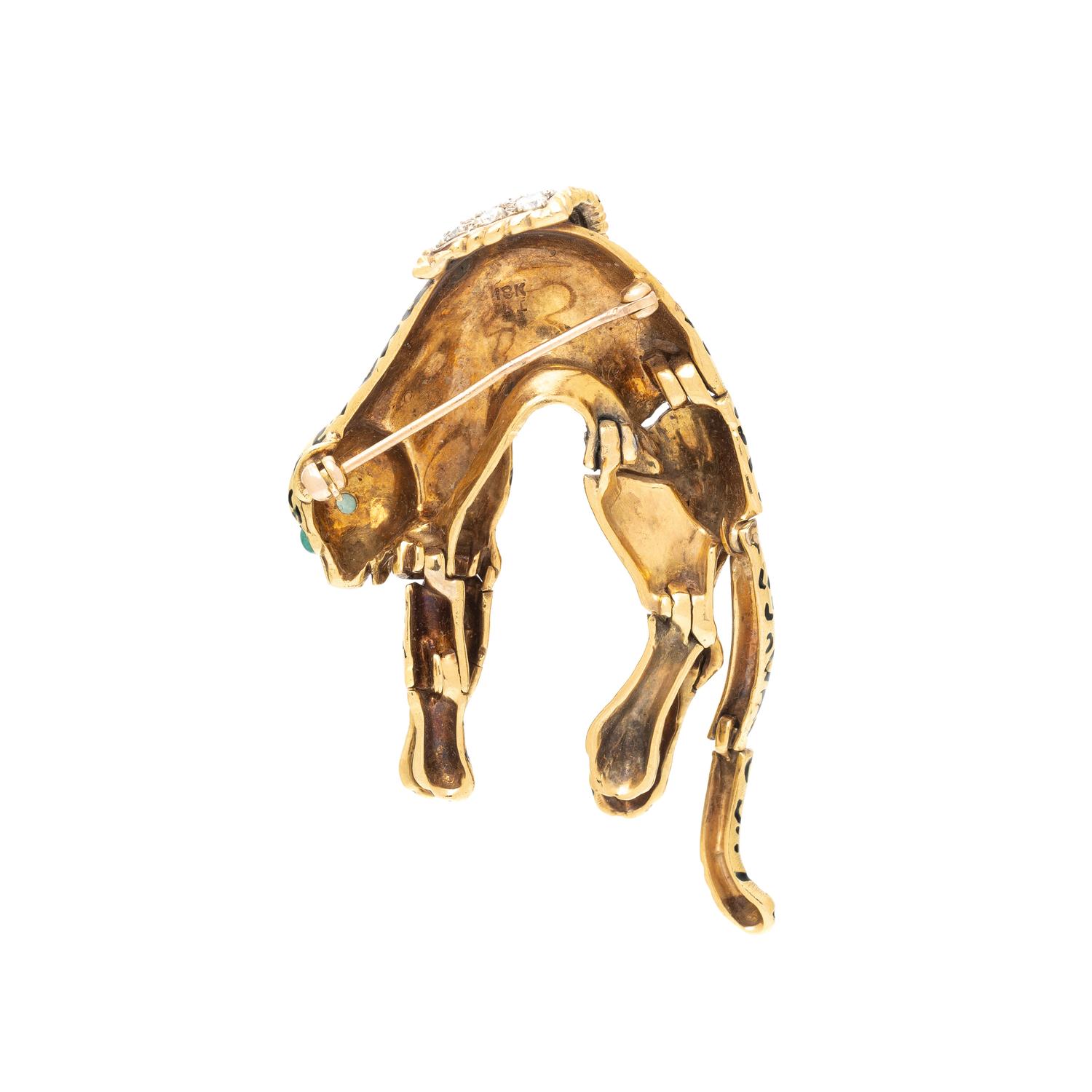 DIAMOND, YELLOW GOLD, AND ENAMEL ARTICULATED PANTHER BROOCH