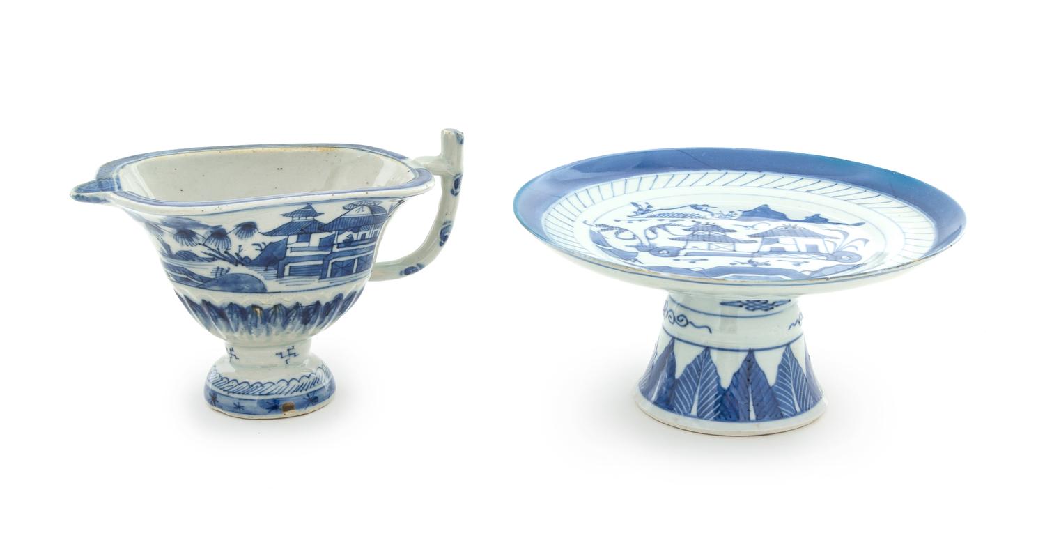 A Canton Blue and White Gravy Boat and Tazza Height of tazza 3 3/4 inches. — 19TH CENTURY