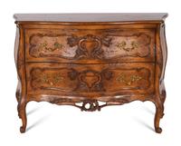 A Pair of Louis XV Style Walnut Bombé Form Commodes