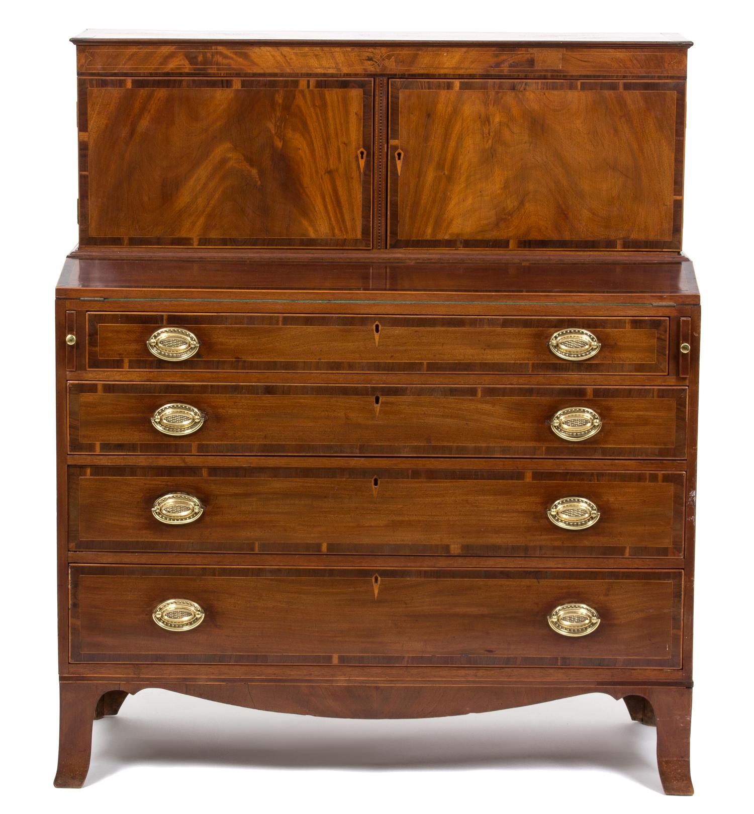 An American Federal Mahogany Tambour Desk Height 49 3/4 x width 42 x depth 18 3/4 inches. — LATE 18TH/EARLY 19TH CENTURY