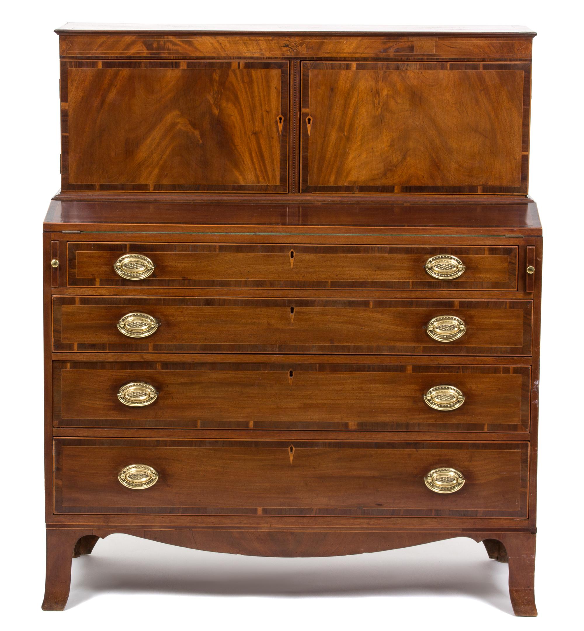 An American Federal Mahogany Tambour Desk Height 49 3/4 x width 42 x depth 18 3/4 inches. — LATE 18TH/EARLY 19TH CENTURY