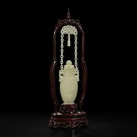 A Chinese pale celadon jade hanging vase and wood stand 白玉吊瓶