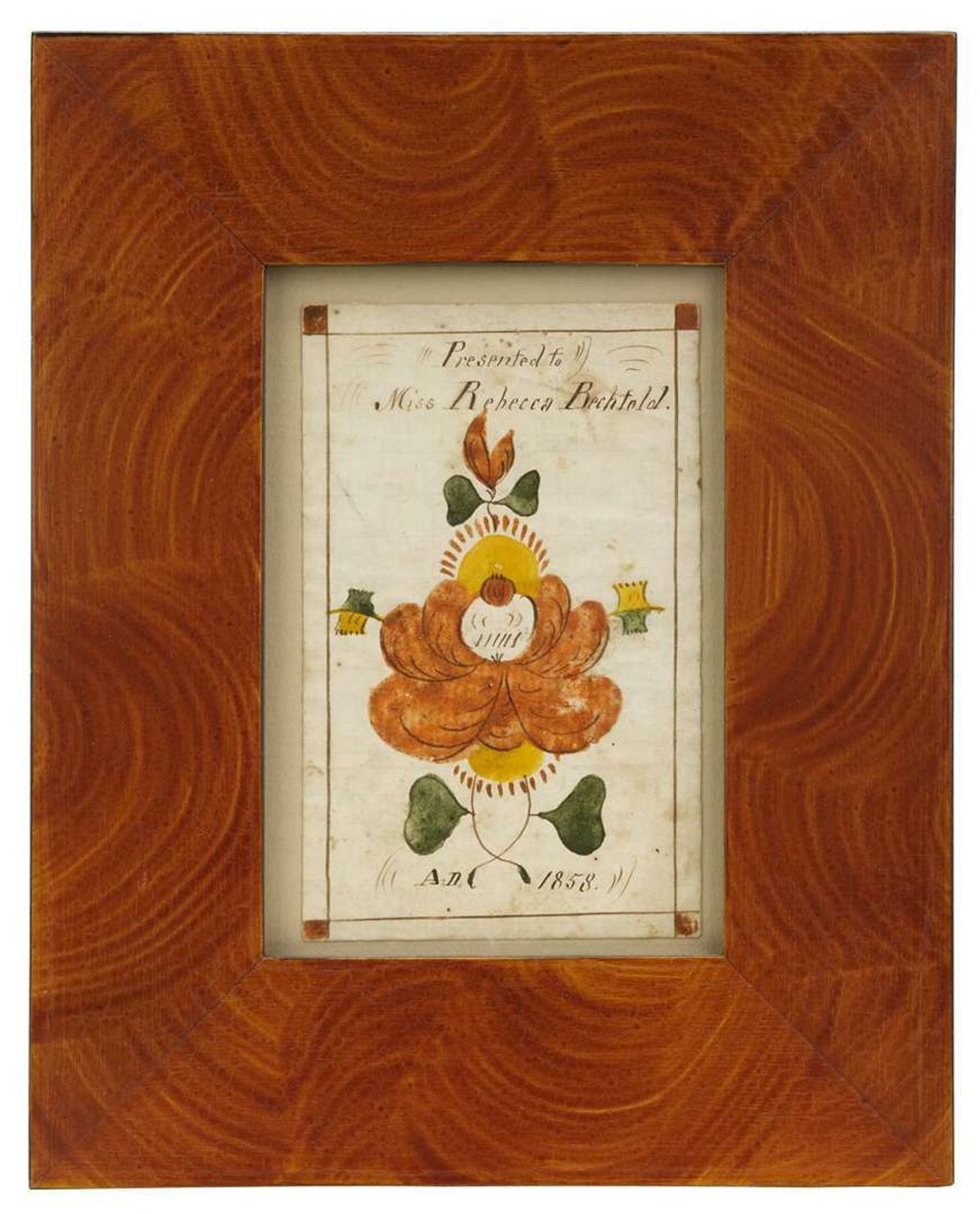 Fraktur: Reward for Rebecca Bechold attributed to henry young, south eastern, pa, dated 1858
