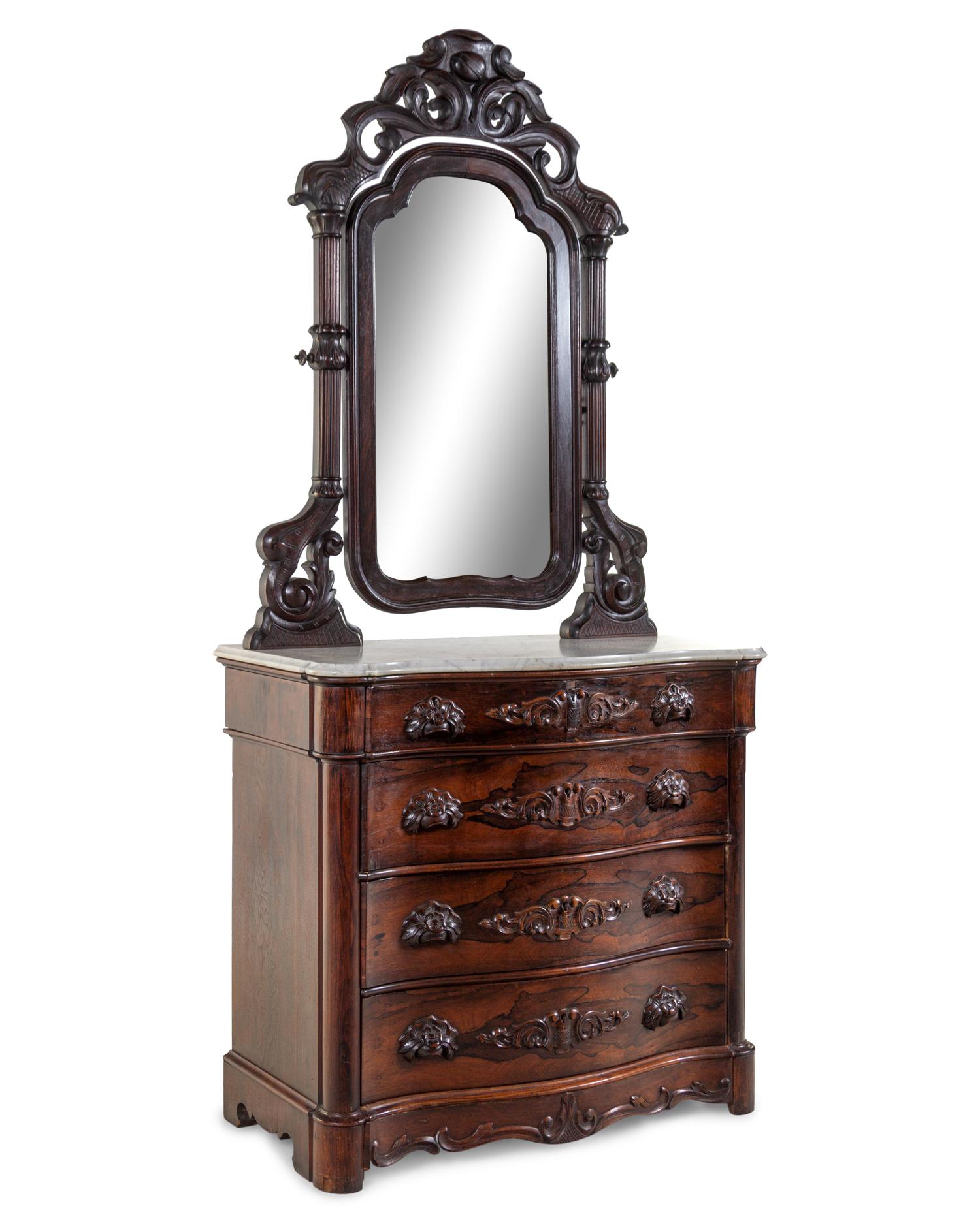 A Rococo Revival Rosewood Marble-Top Chest of Drawers and Mirror