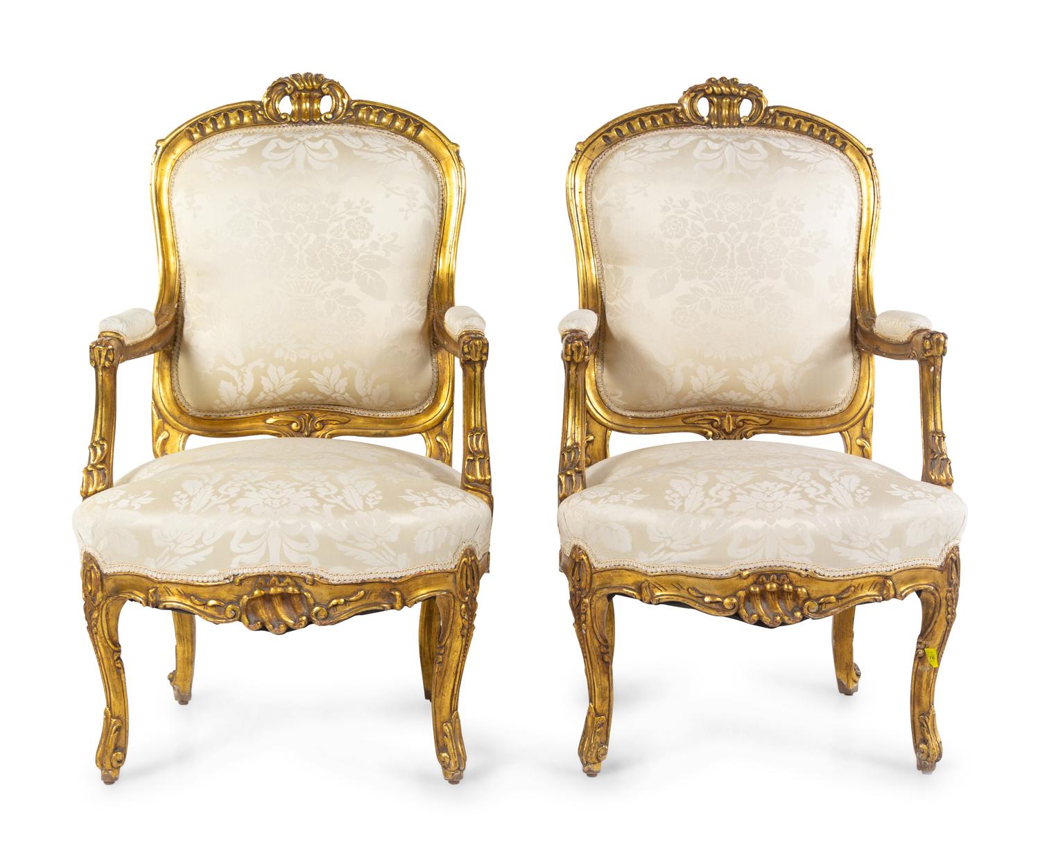 A Pair of Louis XV Style Giltwood Fauteuils