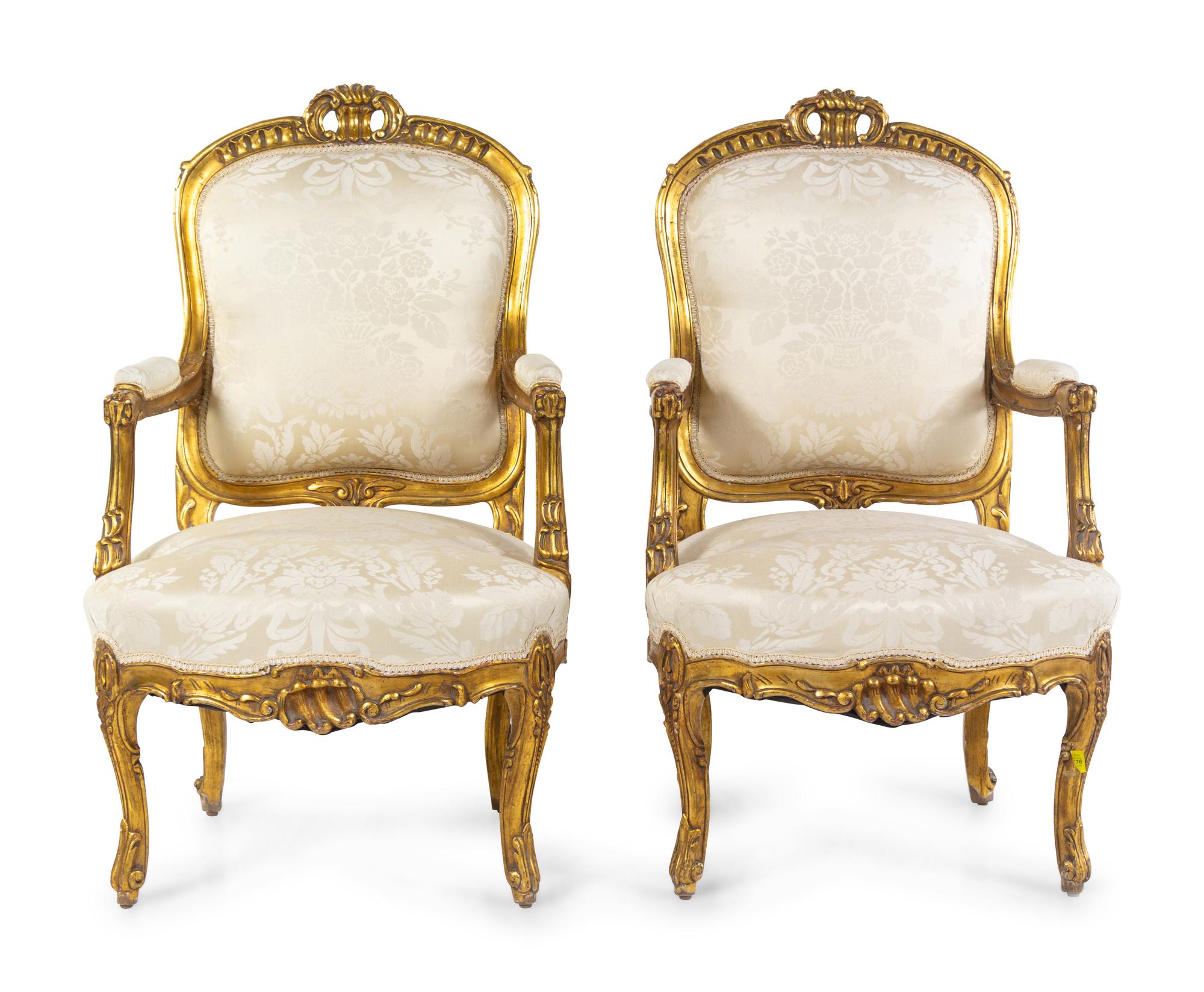A Pair of Louis XV Style Giltwood Fauteuils