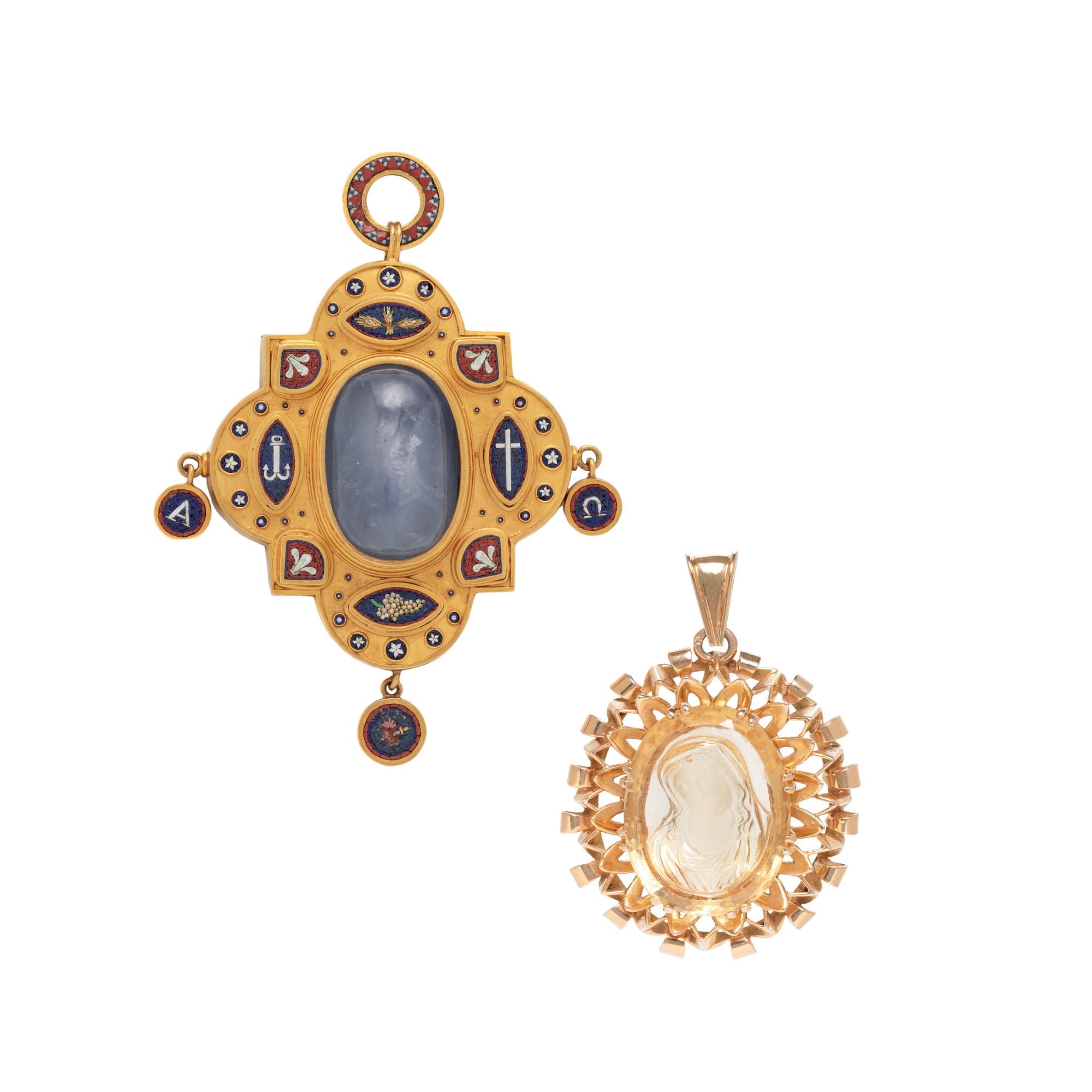 ANTIQUE, SAPPHIRE AND MICROMOSAIC PENDANT