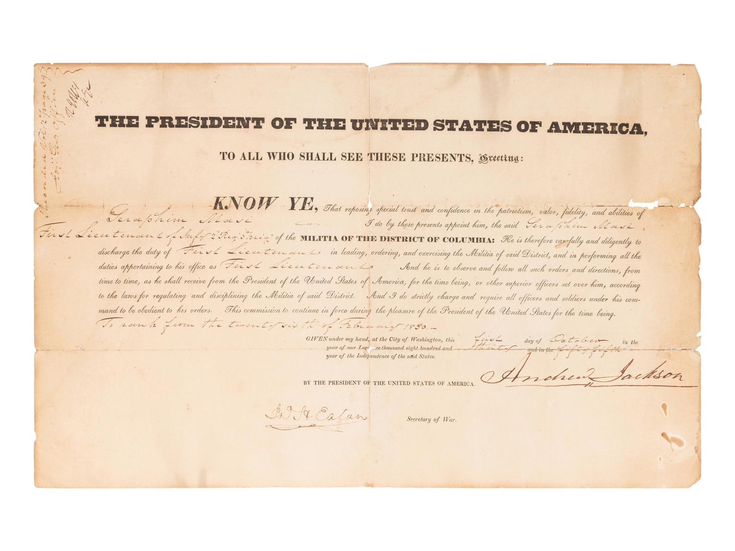 JACKSON, Andrew (1767-1845). Partly printed document signed ("Andrew Jackson"), as President, countersigned by John Henry Eaton as Secretary of War. 1 October 1830.