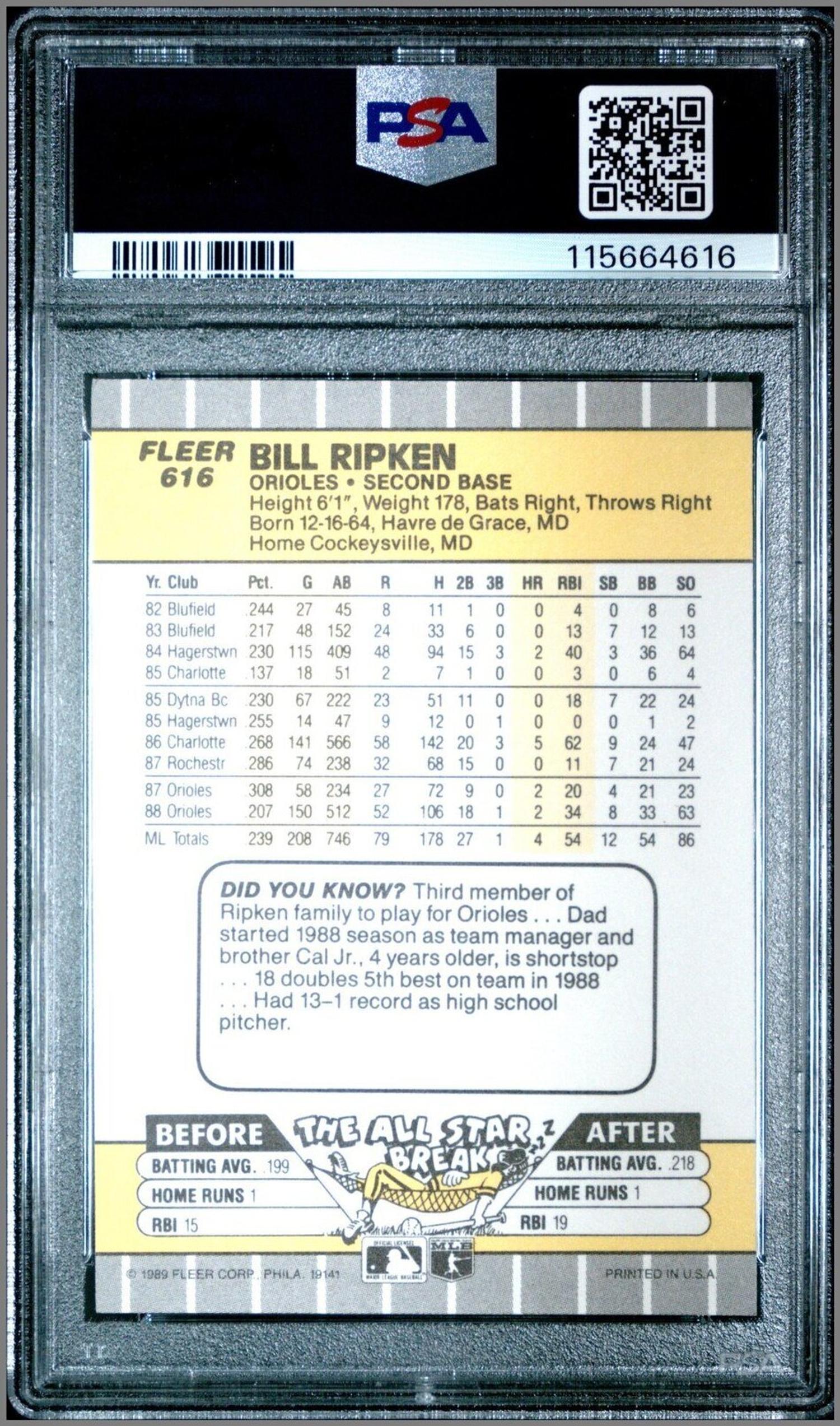 A 1989 Fleer Billy Ripken FF Scribbled Out In White Baseball Card (PSA 7 NM)