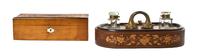 A Continental Marquetry and Gilt Metal Mounted Encrier, Width of first 12 3/4 inches.
