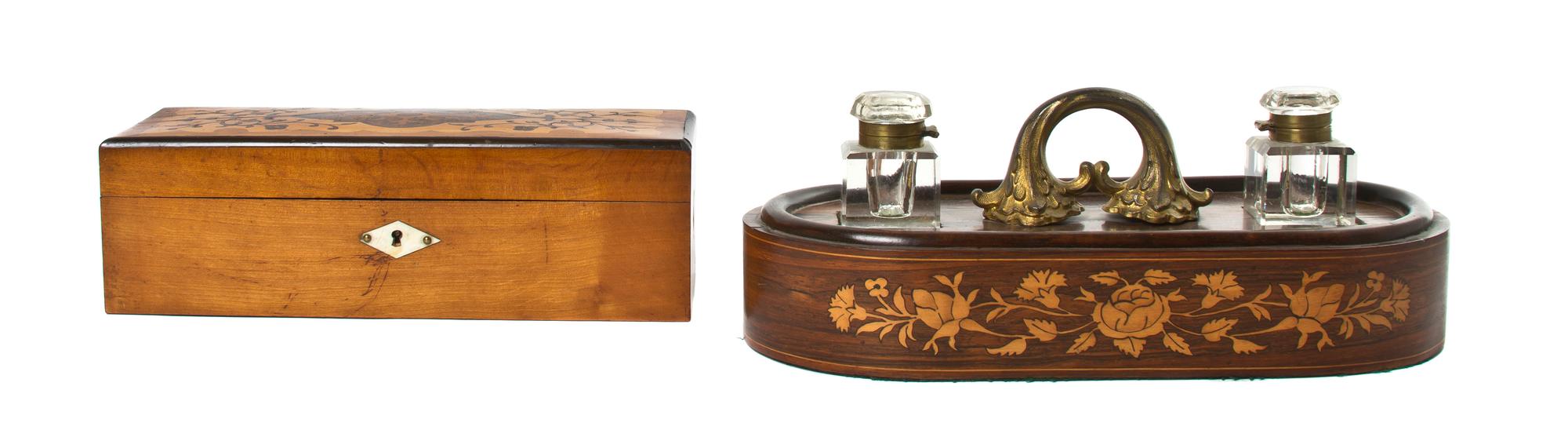A Continental Marquetry and Gilt Metal Mounted Encrier, Width of first 12 3/4 inches.