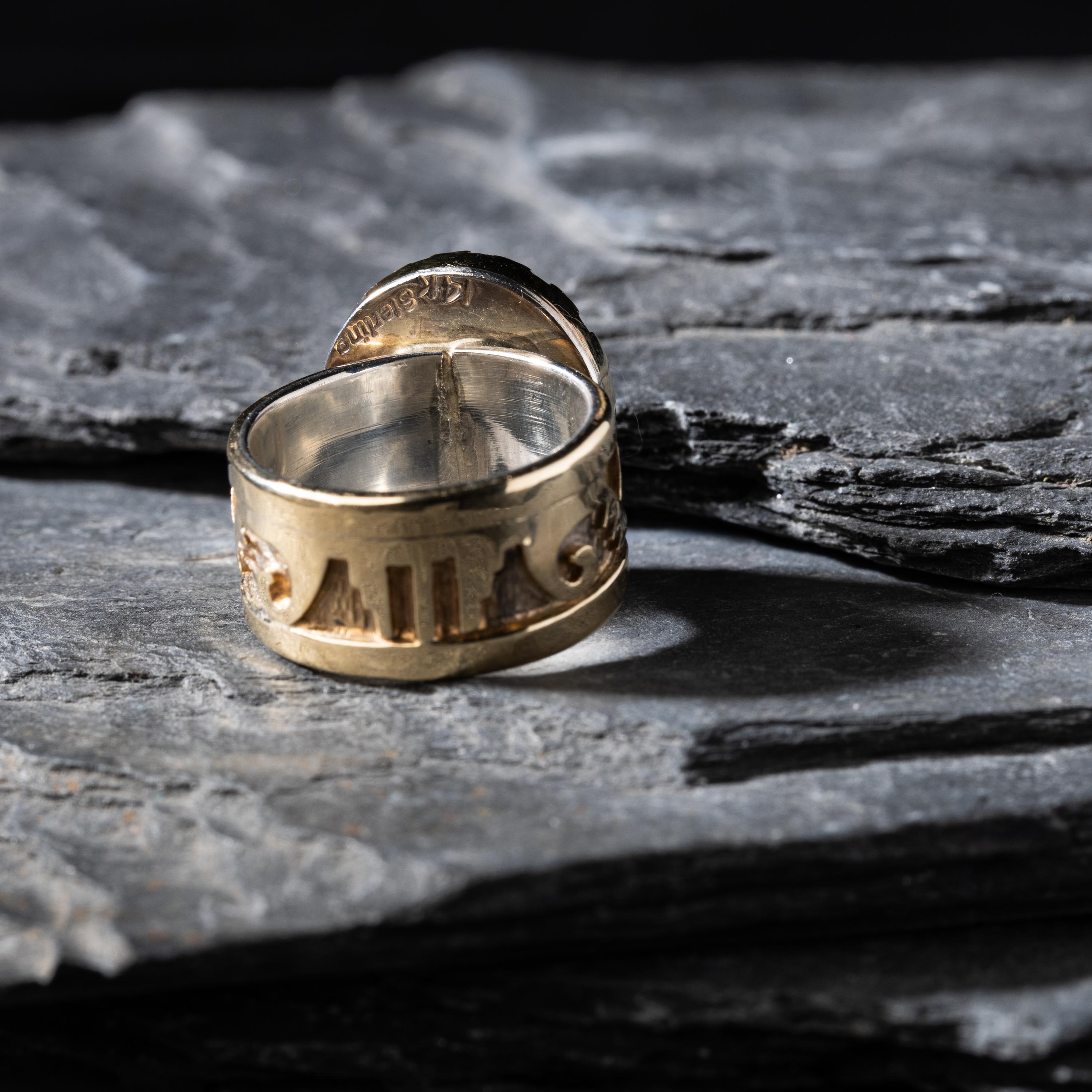 Dina Huntinghorse (Wichita-Kiowa, act. since 1980s) — Sterling Silver with 14K Gold Overlay Ring, with Carico Lake Turquoise