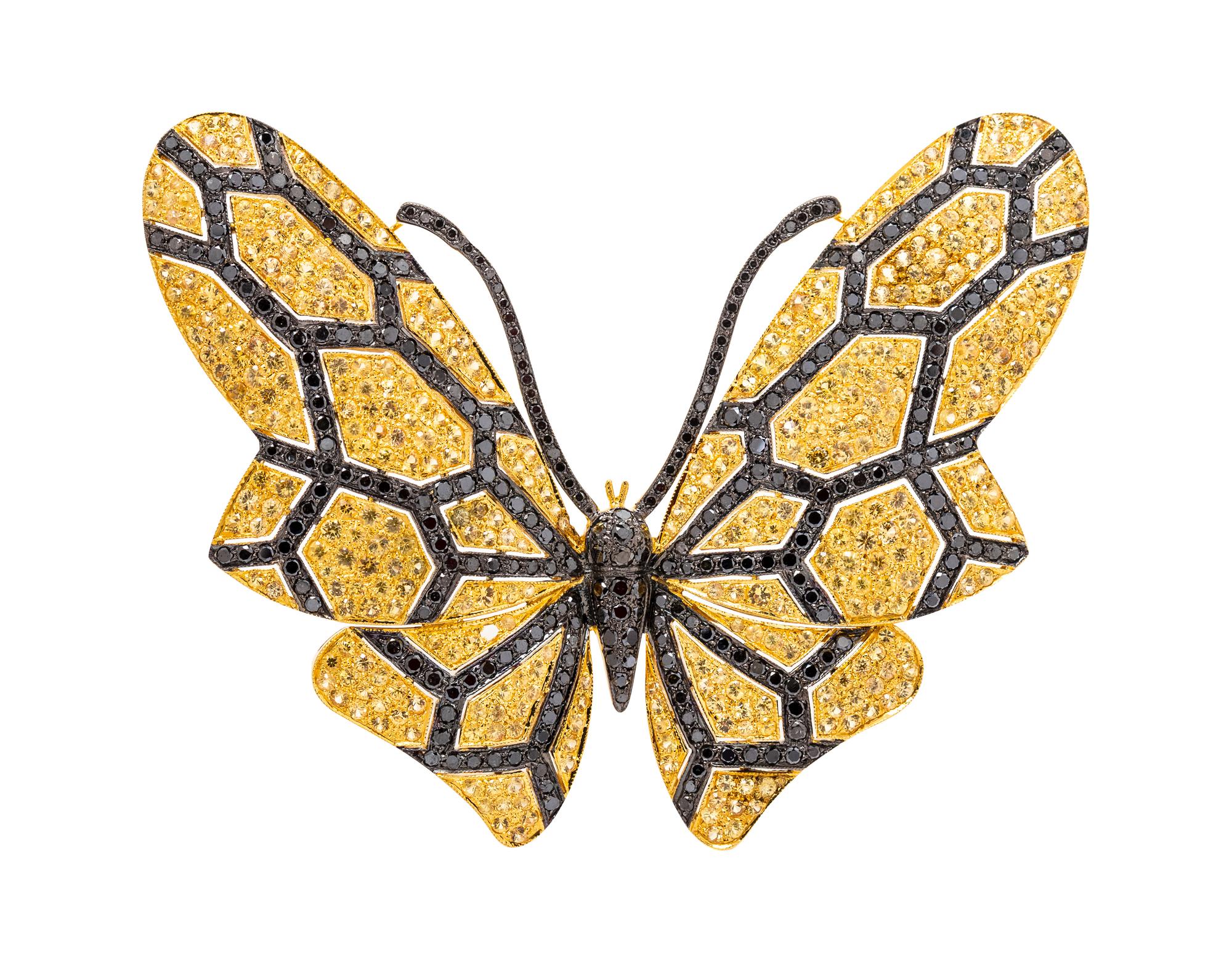 A Yellow Gold, Black Diamond and Yellow Sapphire Butterfly Brooch,