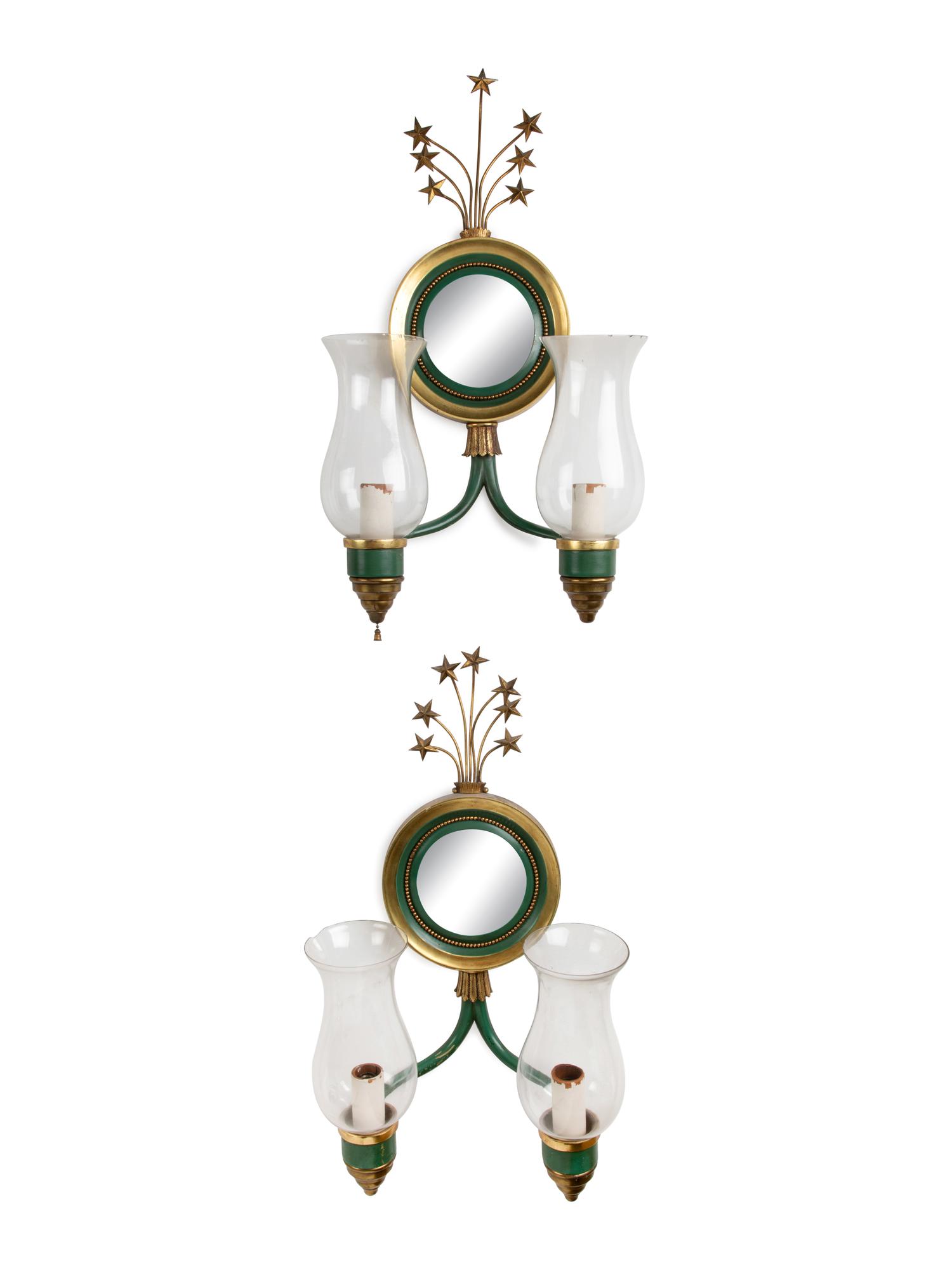 A Set of Four Parcel Gilt and Enameled Metal Two-Light Sconces