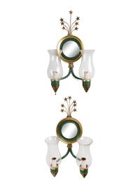 A Set of Four Parcel Gilt and Enameled Metal Two-Light Sconces