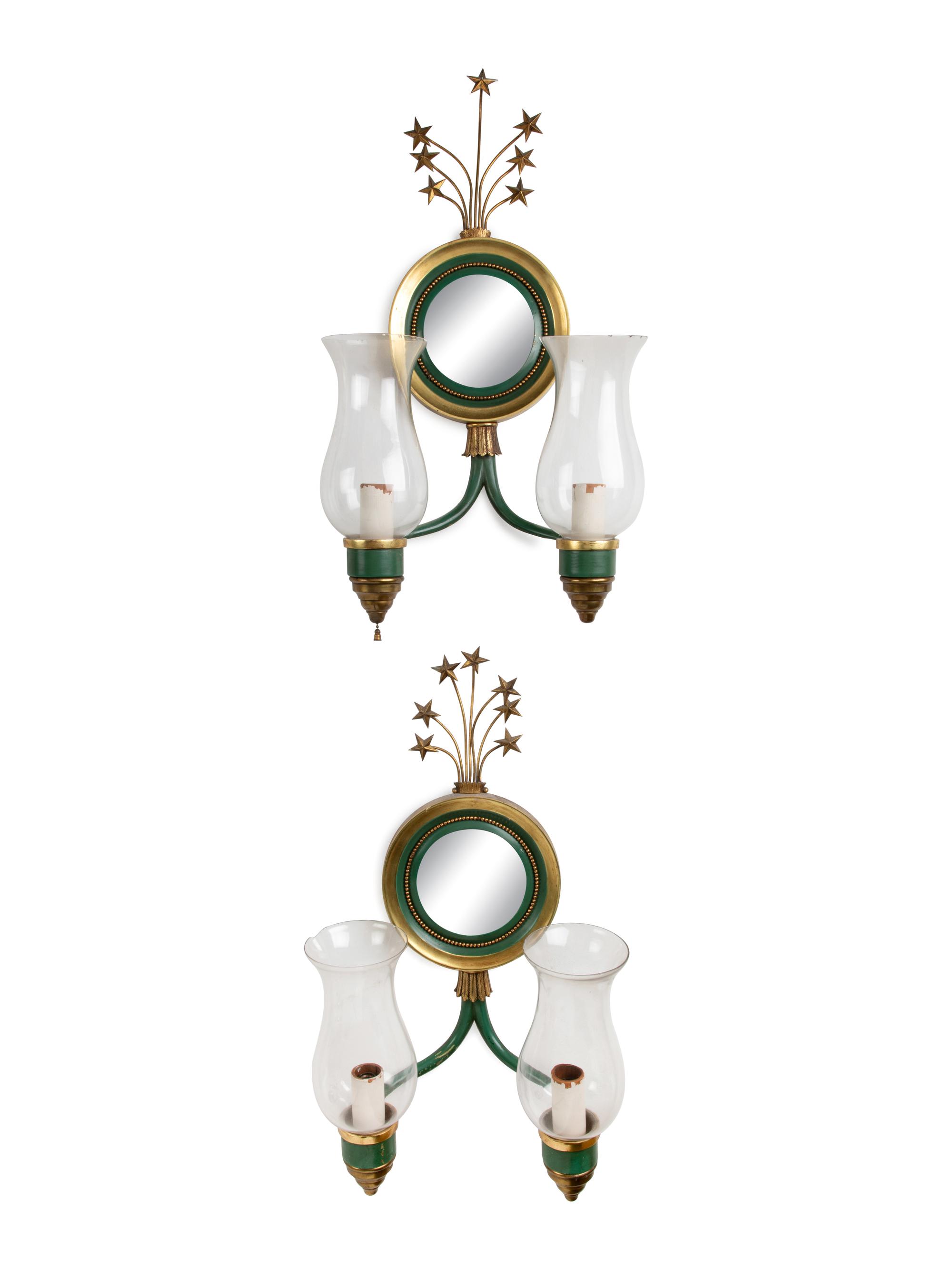 A Set of Four Parcel Gilt and Enameled Metal Two-Light Sconces