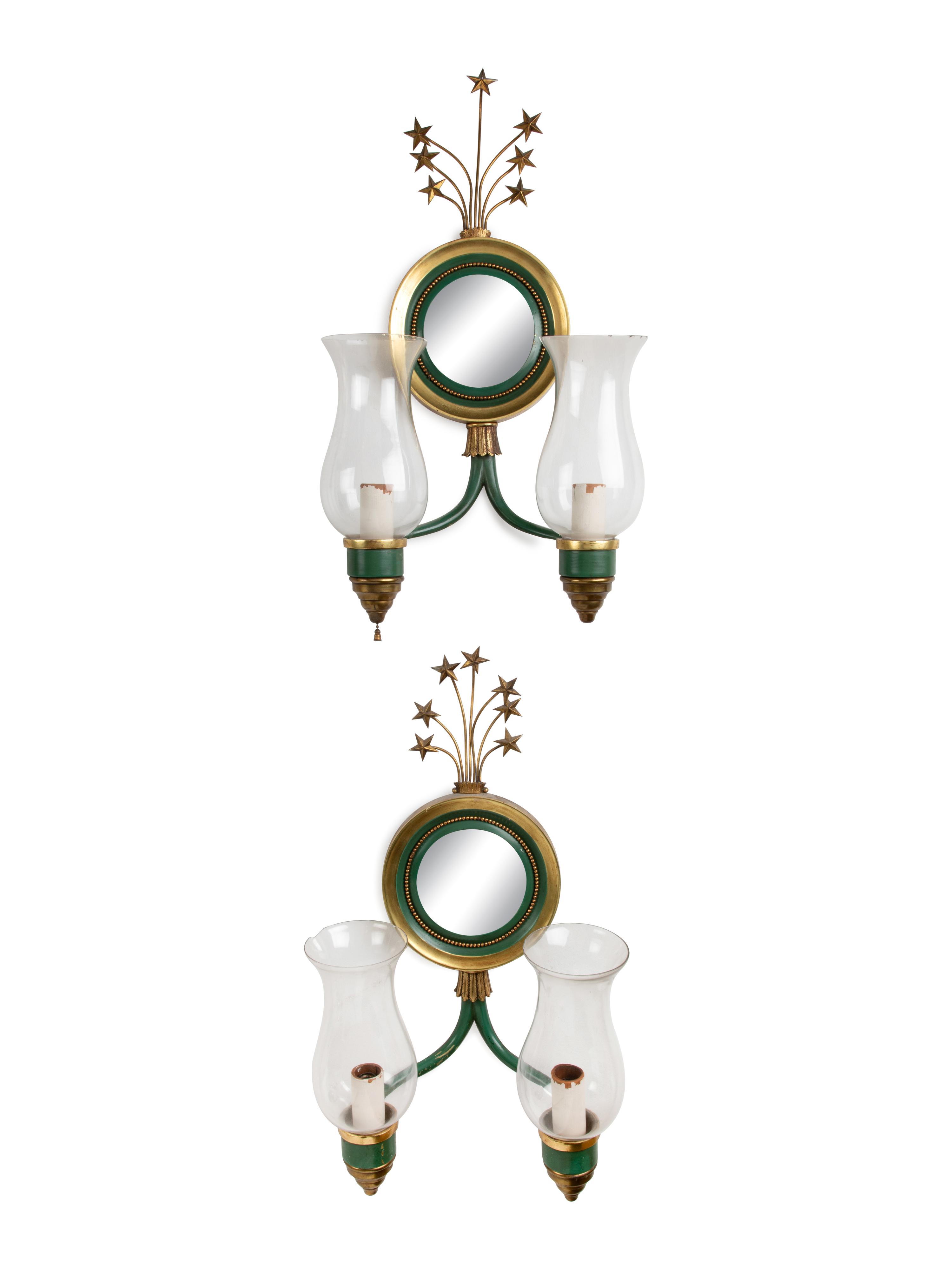 A Set of Four Parcel Gilt and Enameled Metal Two-Light Sconces