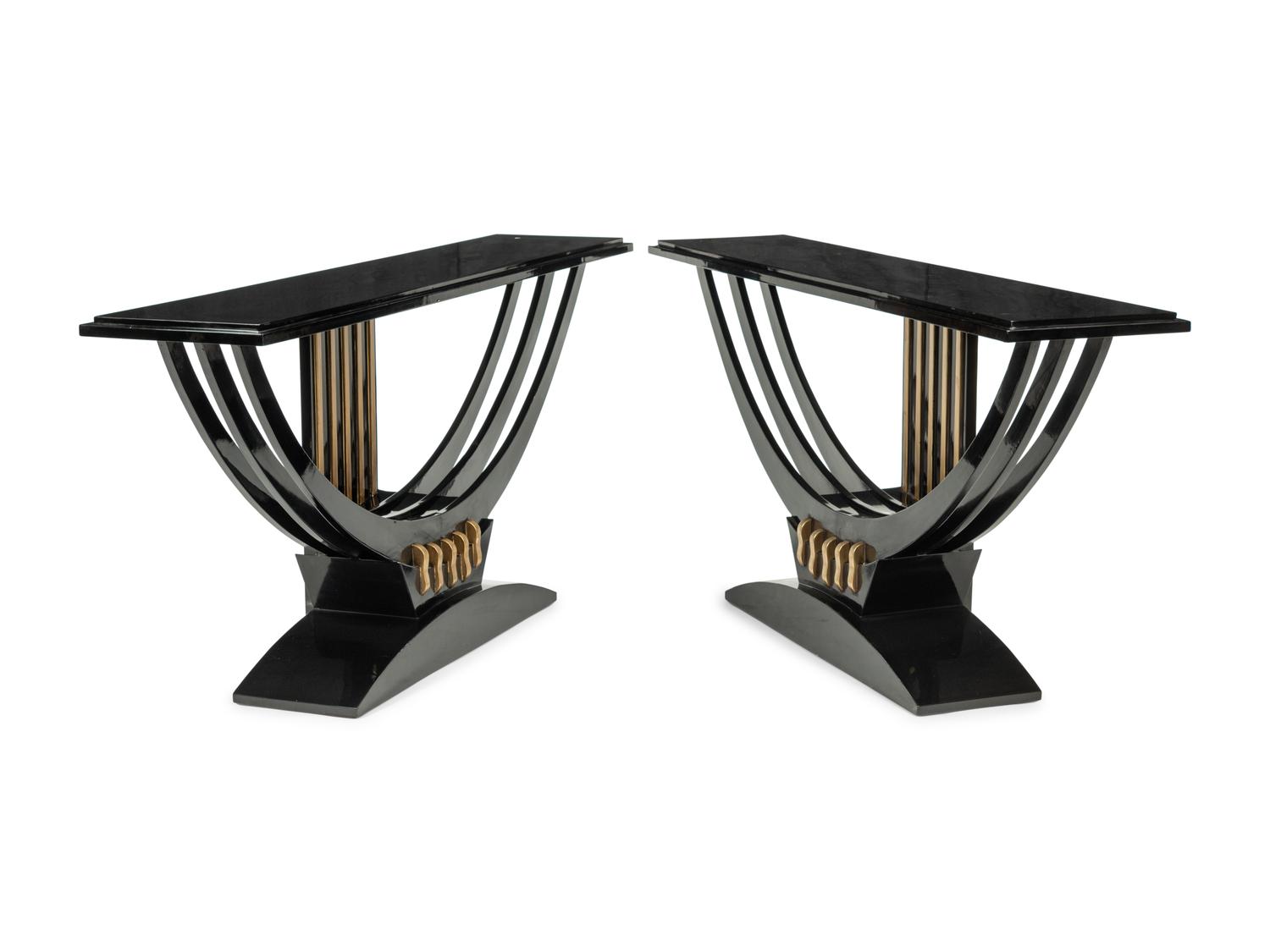 A Pair of Art Deco Style Black-Painted and Parcel Gilt Console Tables