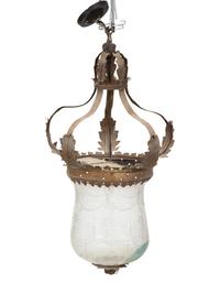A Continental Gilt Tole and Etched Glass Hall Lantern