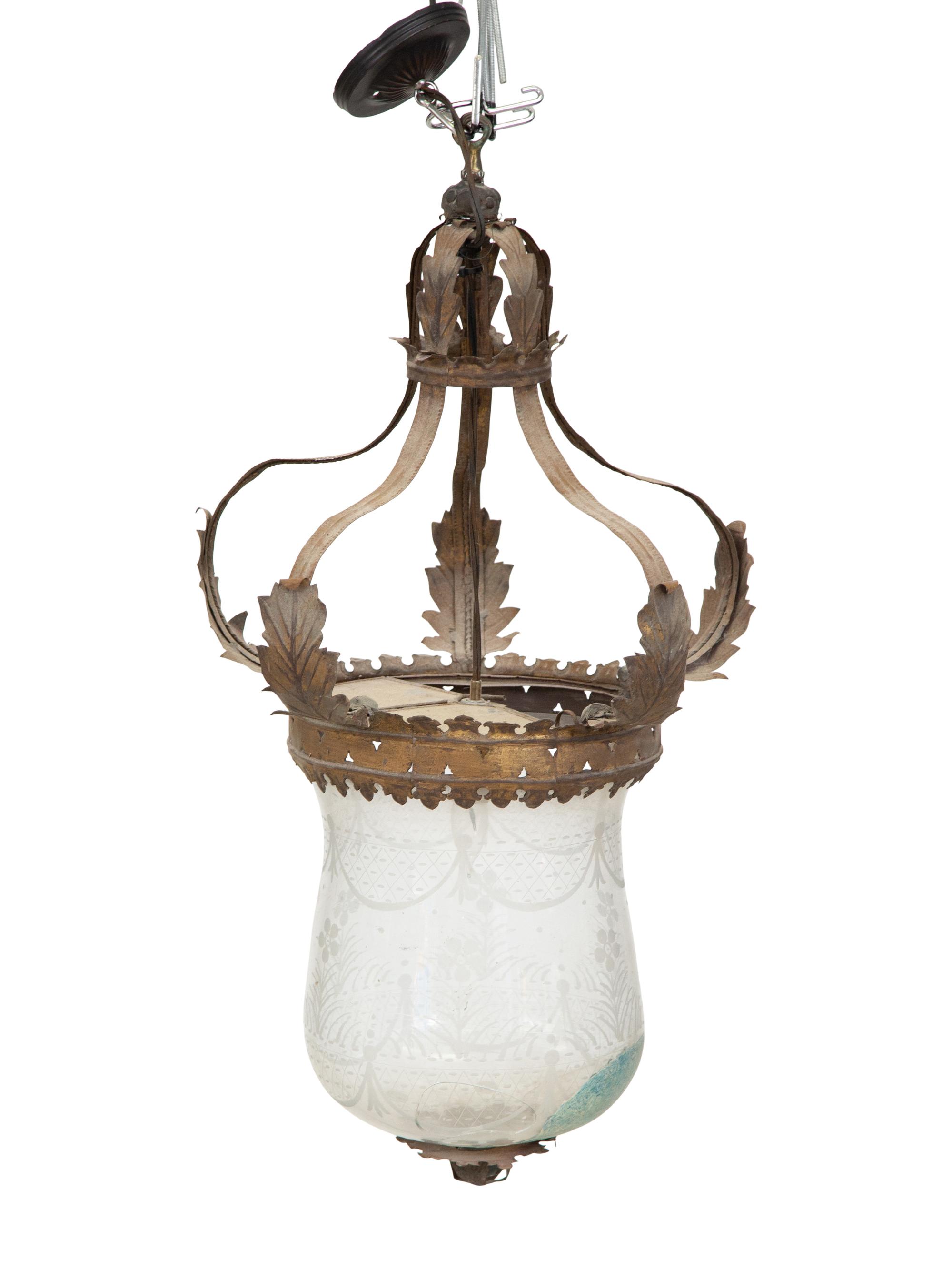 A Continental Gilt Tole and Etched Glass Hall Lantern