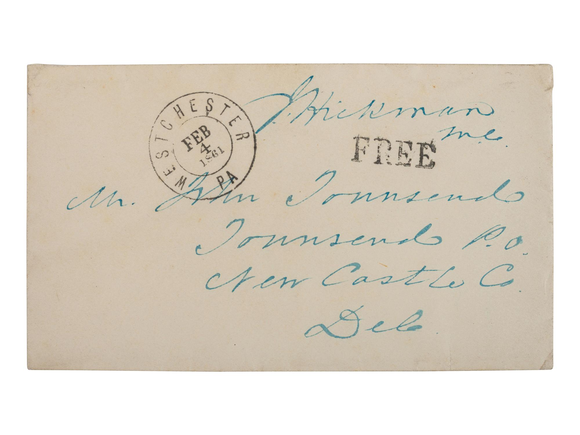LINCOLN, Abraham (1809-1865). CDV of beardless Lincoln signed on verso "A Lincoln" with original cover addressed in Lincoln's hand, dated 10 April 1861.