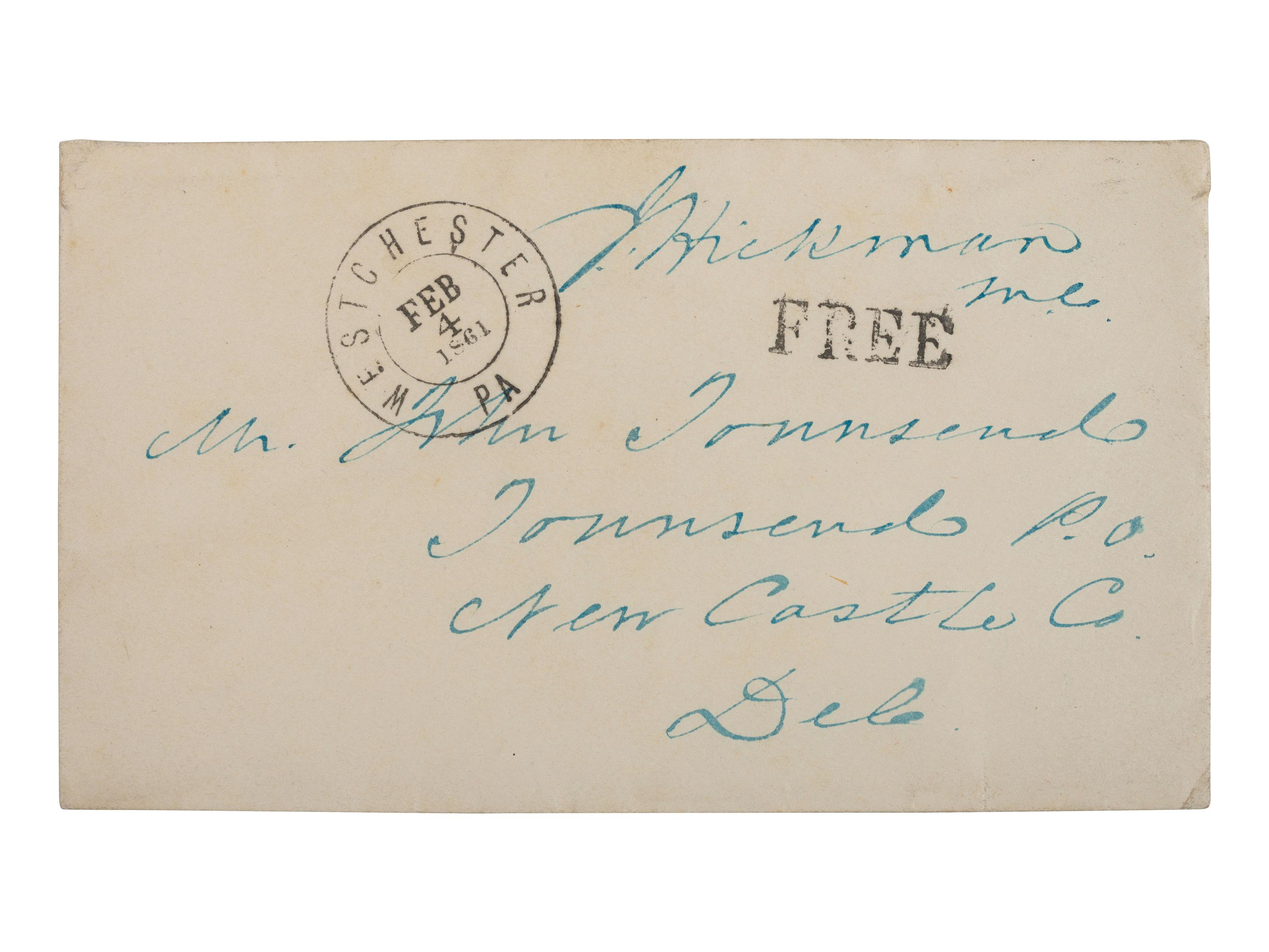 LINCOLN, Abraham (1809-1865). CDV of beardless Lincoln signed on verso "A Lincoln" with original cover addressed in Lincoln's hand, dated 10 April 1861.