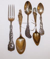 A Group of Five Silver Souvenir Spoons and Forks, Various Makers, Primarily 19th Century, comprising four of "Native American" interest