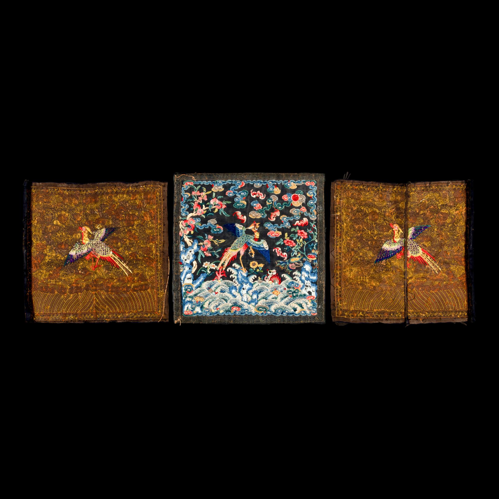 Three Chinese Embroidered Silk 'Pheasant' Civil Official's Rank Badges, Buzi, 19th Century 清中晚期 織綉二品文官錦鷄補子三幅