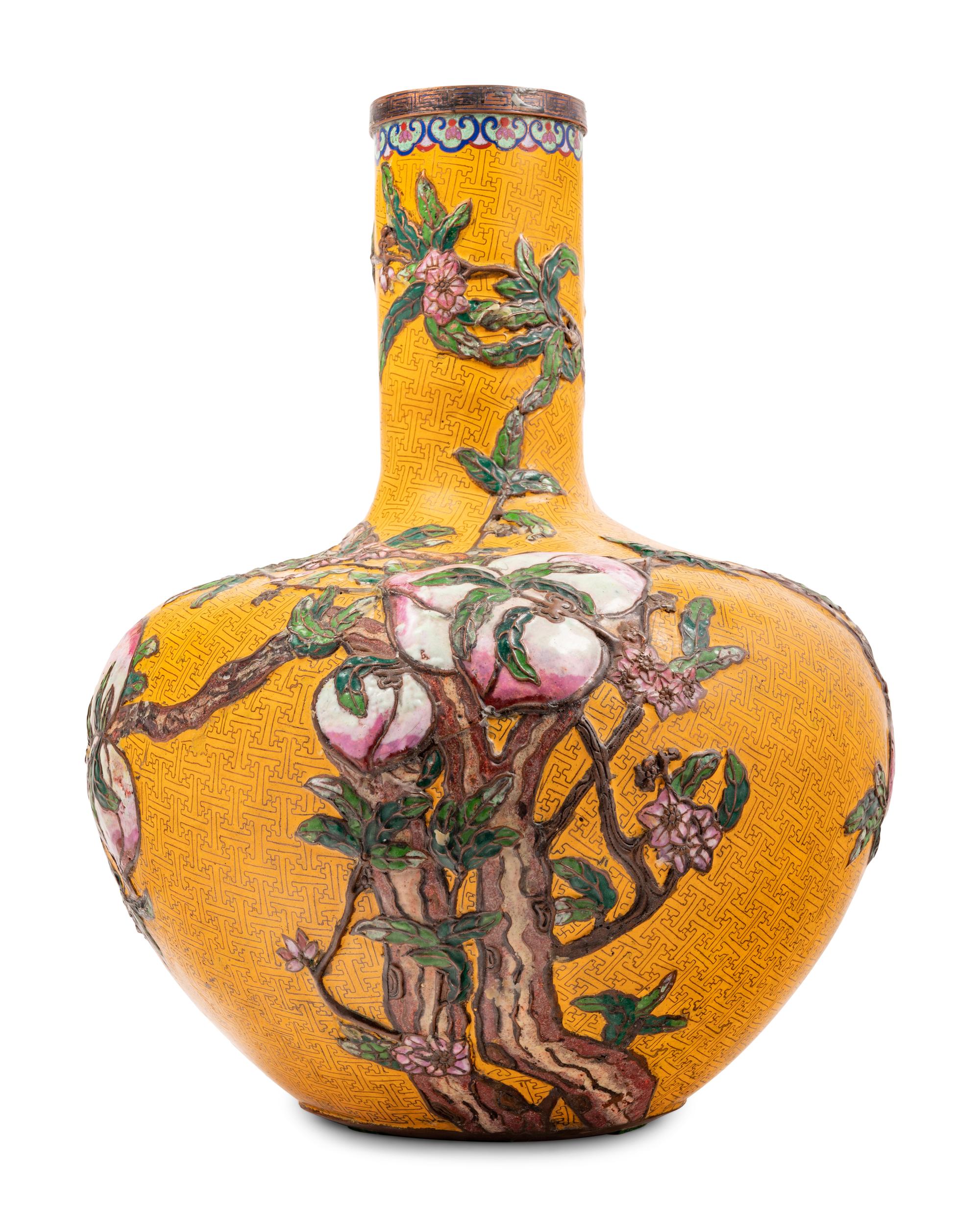 Three Large Chinese Yellow Ground Cloisonné Enamel Vases, Tianqiuping