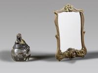 An Art Nouveau Bronze Mounted Glass Inkwell and Wall Mirror