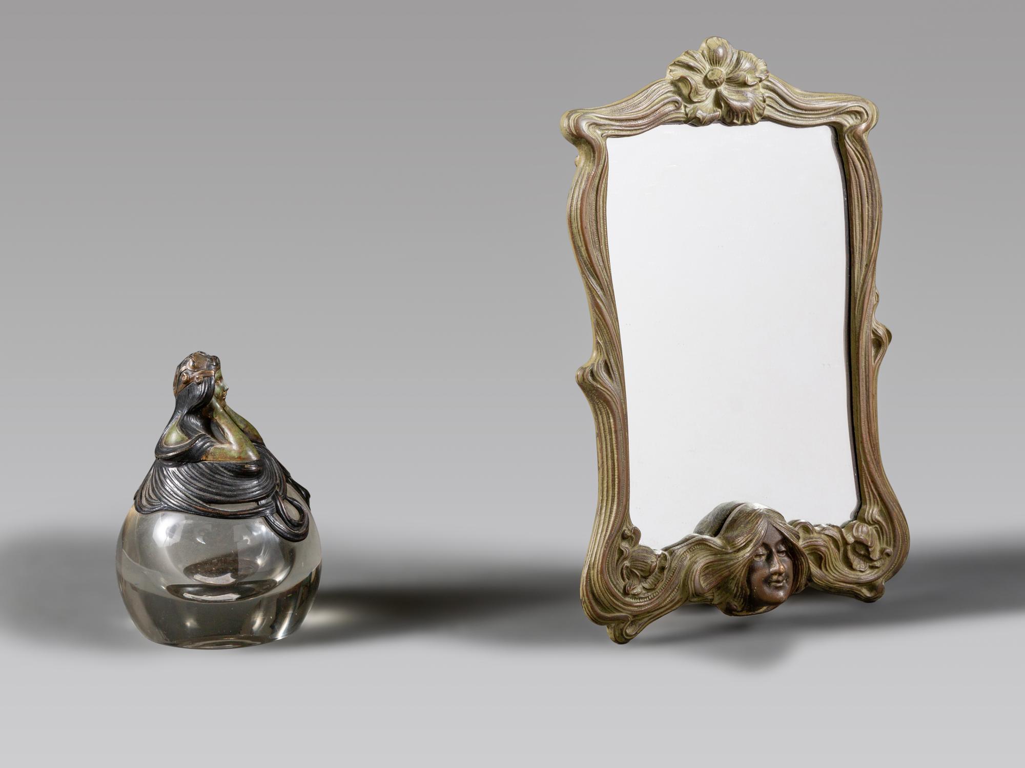 An Art Nouveau Bronze Mounted Glass Inkwell and Wall Mirror