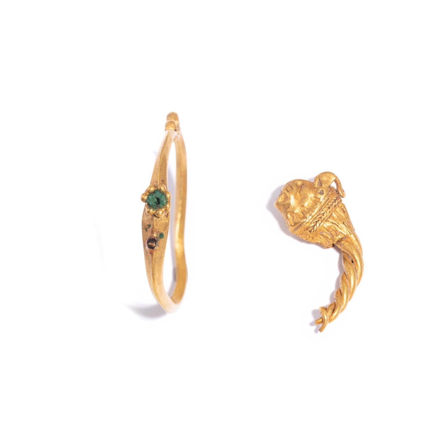A Greek Gold Earring and Gold Lion Earring Fragment