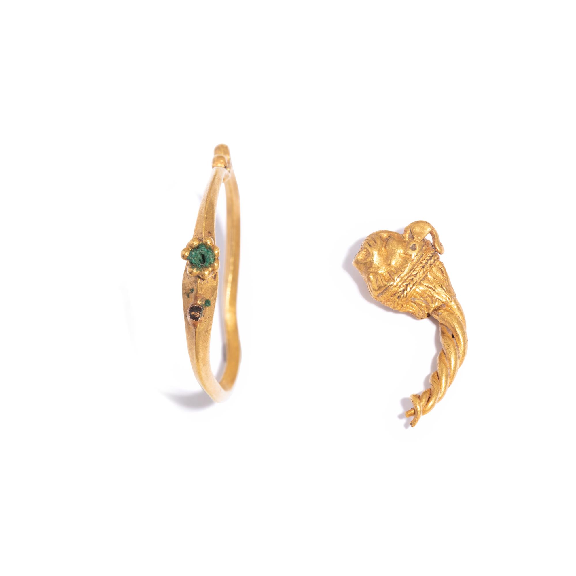 A Greek Gold Earring and Gold Lion Earring Fragment